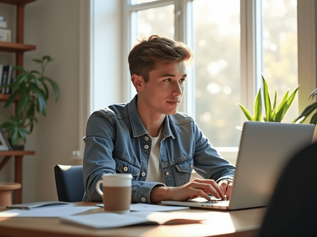 A young professional at a desk engaged in a discussion on Reddit, surrounded by a laptop and notes, with natural daylight streaming in through a window.