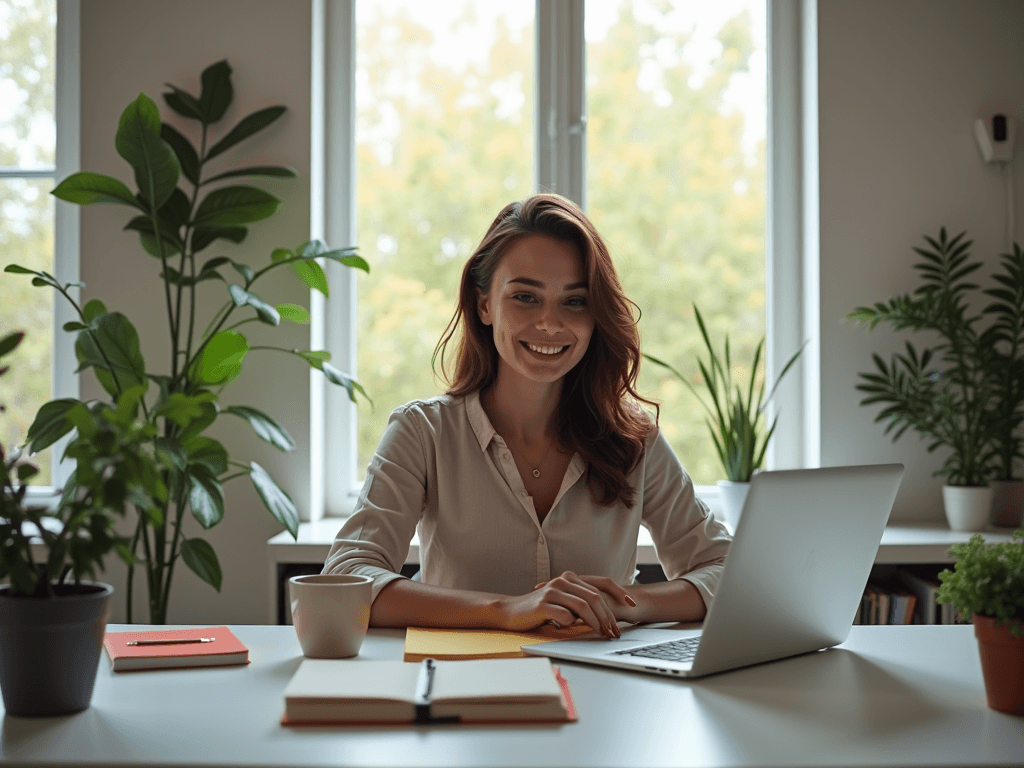 A modern office workspace with a young woman working on a laptop at a desk, illuminated by natural light from a large window.