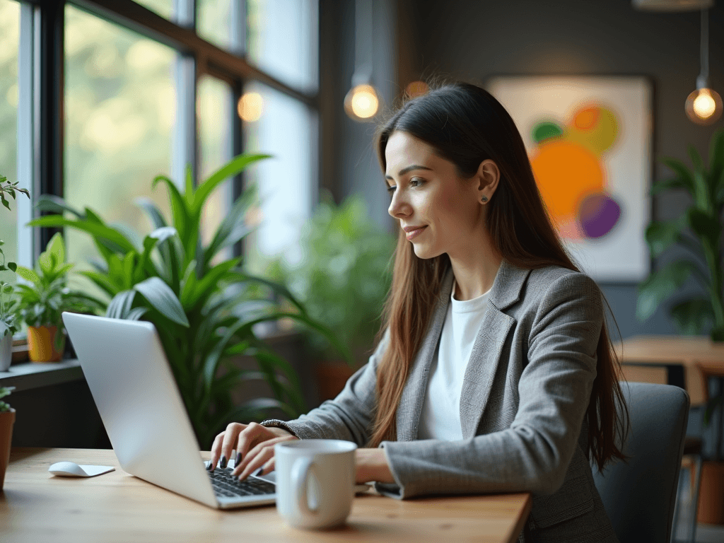 A young professional woman working on her laptop in a modern coworking space, surrounded by greenery and natural light.