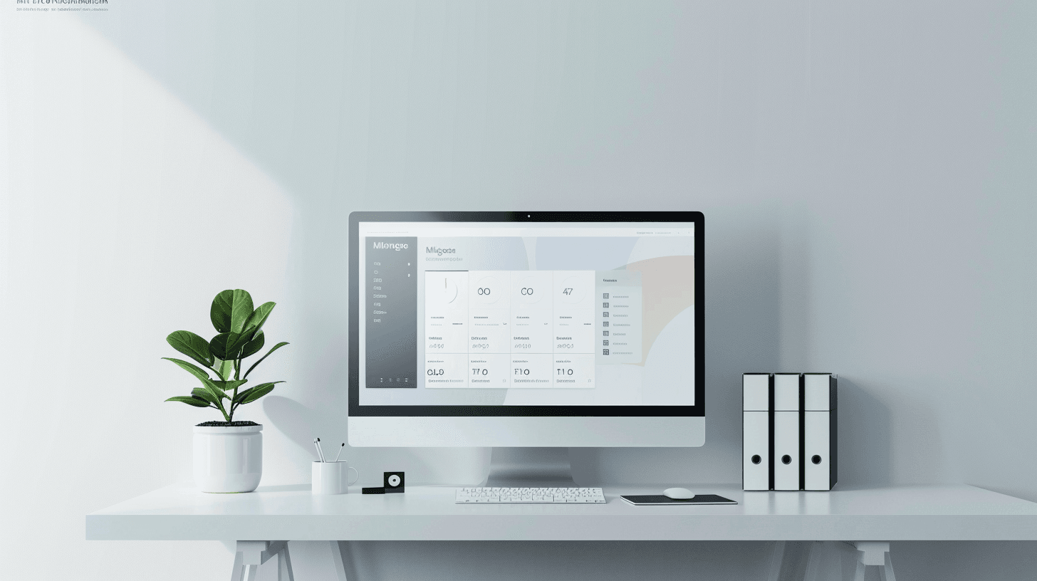 A minimalist desktop with a sleek, modern monitor displaying the Midjourney interface, set against a plain, light grey background. This setup reflects a clean and professional tech magazine cover