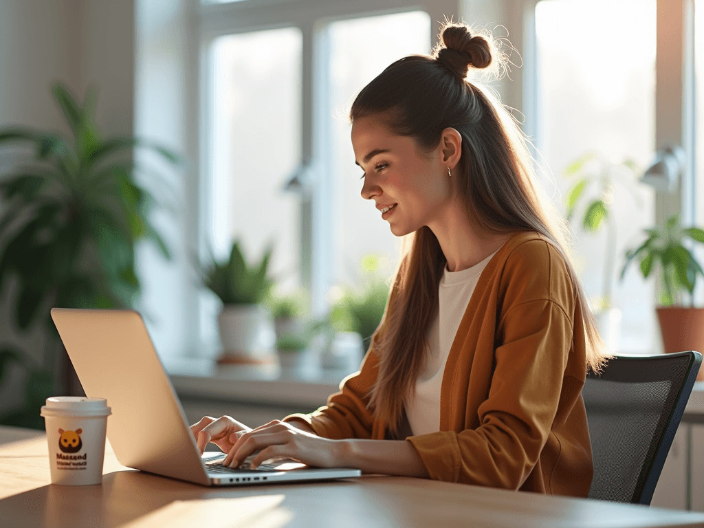 A young professional woman working on a laptop in a bright office with a Moosend coffee mug on her desk.