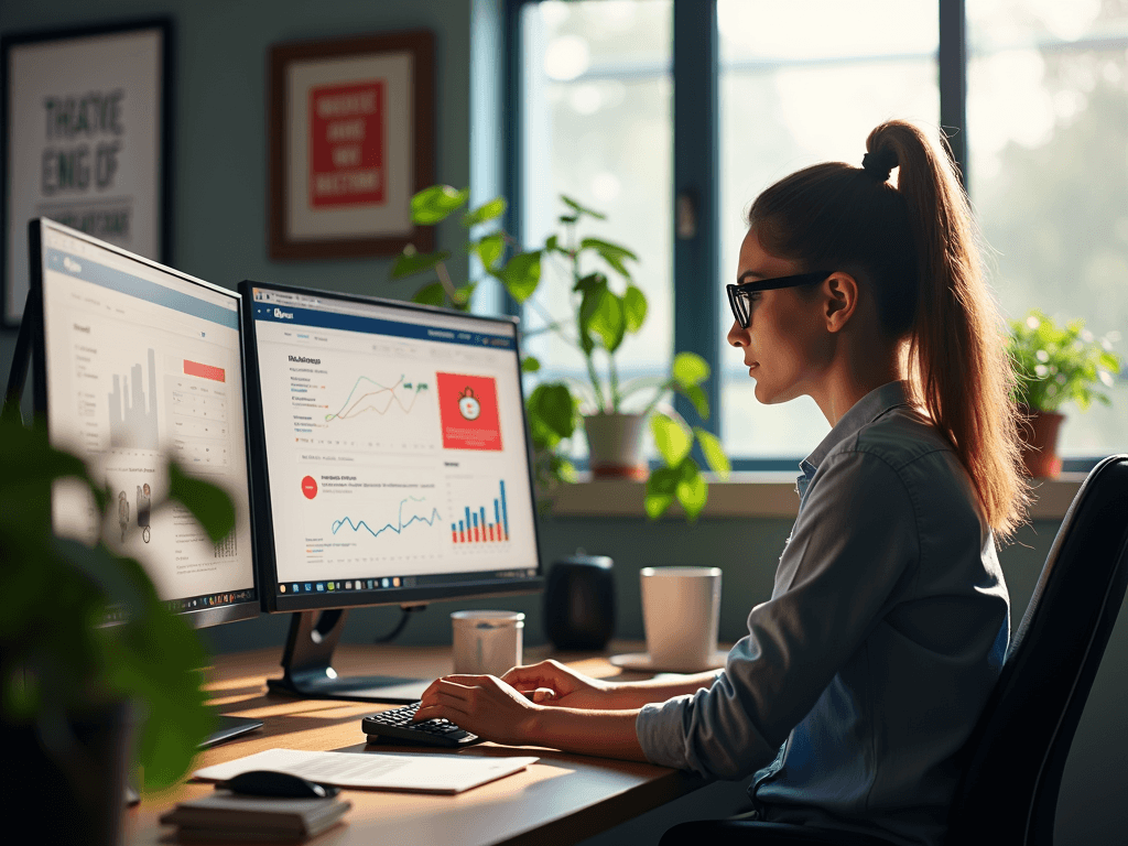 A young woman working at a modern office desk with multiple screens showing Reddit analytics, illuminated by natural light from a large window.