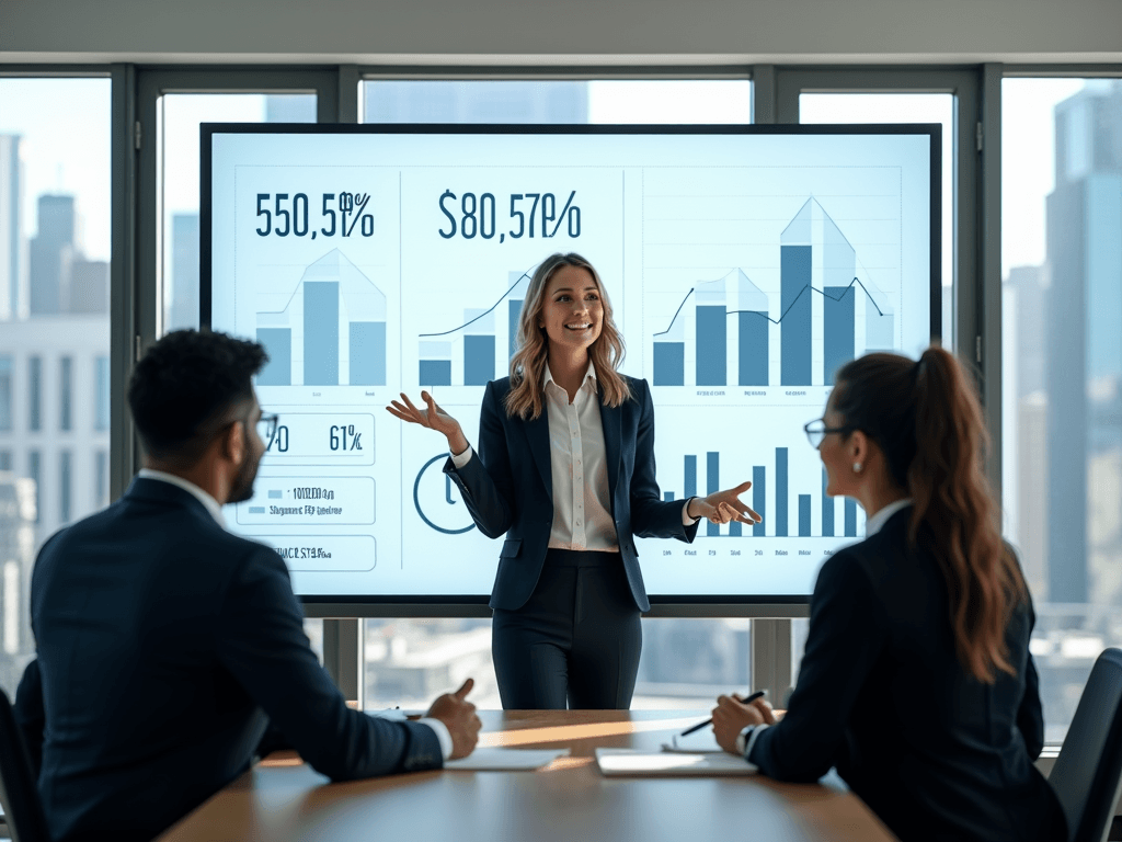 A modern conference room with a diverse group of three people discussing a revenue-sharing model, featuring a woman presenting on a screen with graphs, illuminated by natural light from large windows.