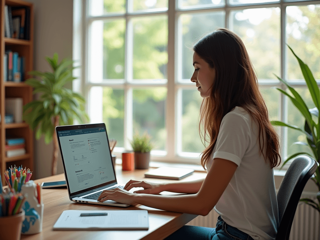 A young woman in a modern home office, focused on her laptop displaying a content locker interface, with bright natural light illuminating the workspace.