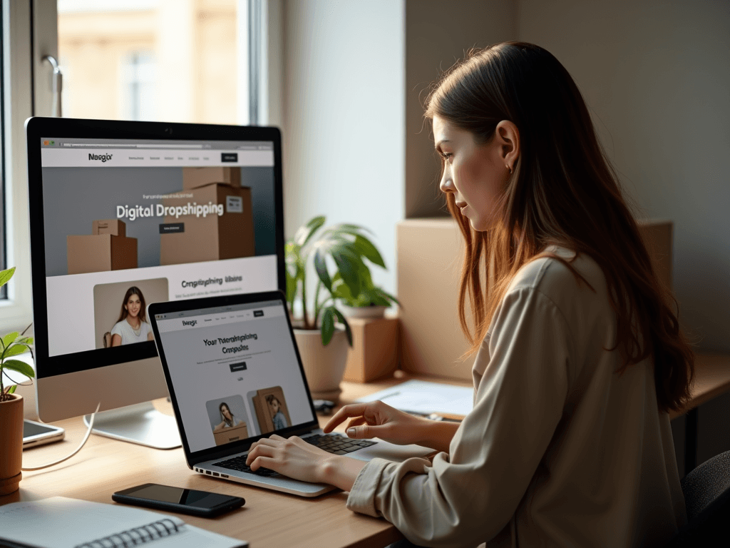 A modern home office with a young woman working on a laptop displaying a digital dropshipping website, surrounded by shipping boxes and natural light.