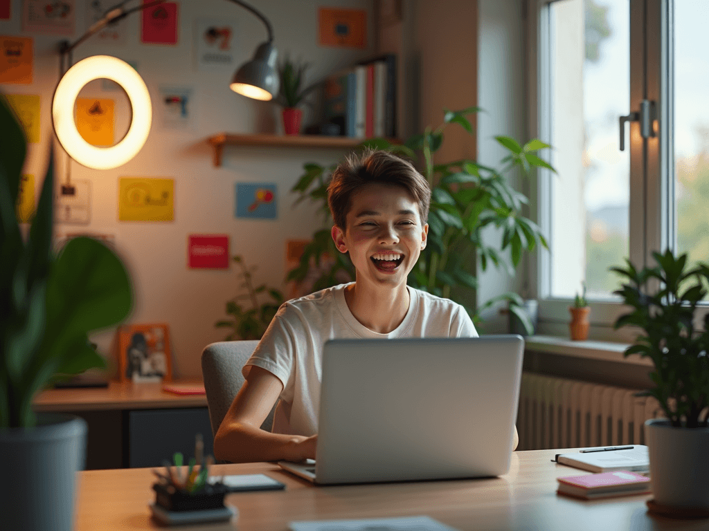 A content creator in a modern home office, smiling while reviewing YouTube analytics on a laptop, with bright natural light and creative decor.
