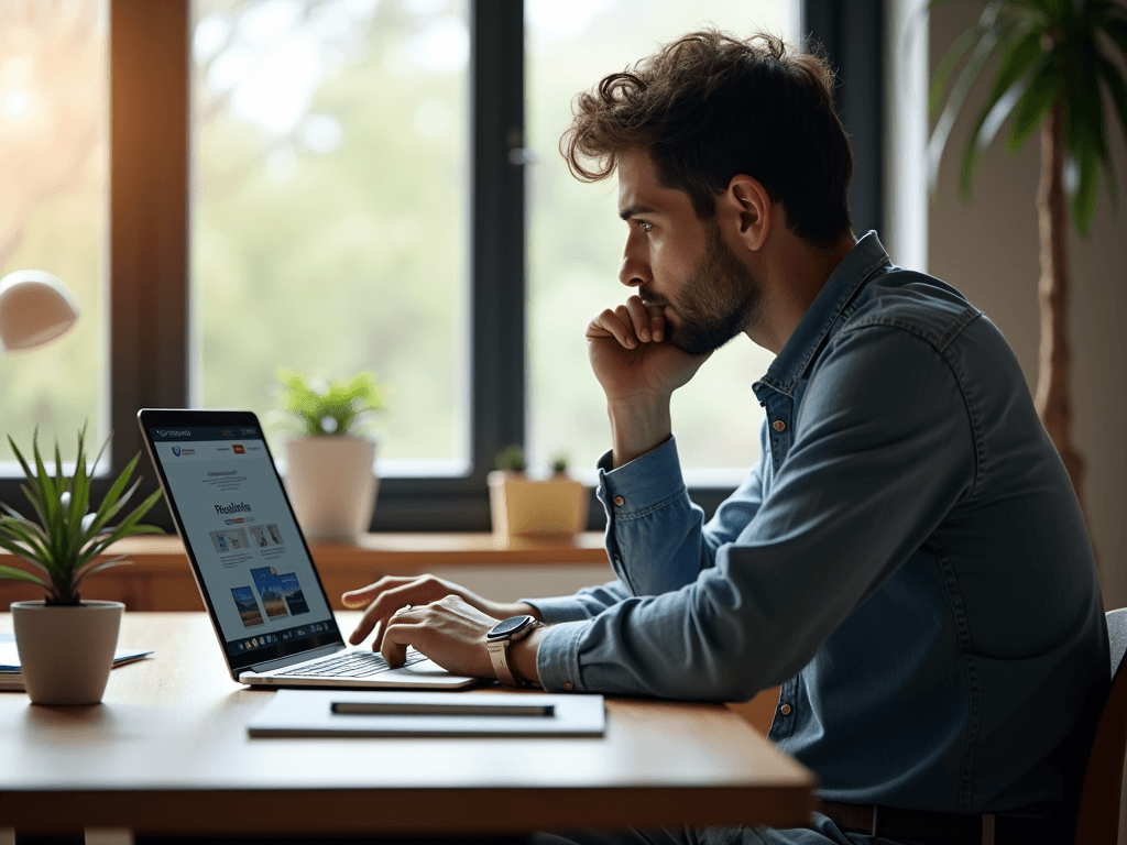 A young entrepreneur working on a laptop at a modern desk, with a reflink webpage open on the screen, illuminated by natural light.