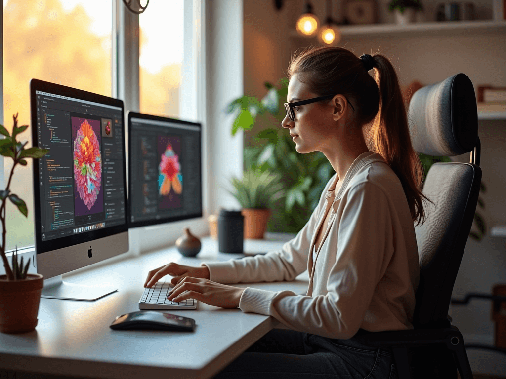 A digital creator, a young woman with glasses, working at a desk with multiple monitors displaying graphic designs in a modern home office, illuminated by warm natural light.